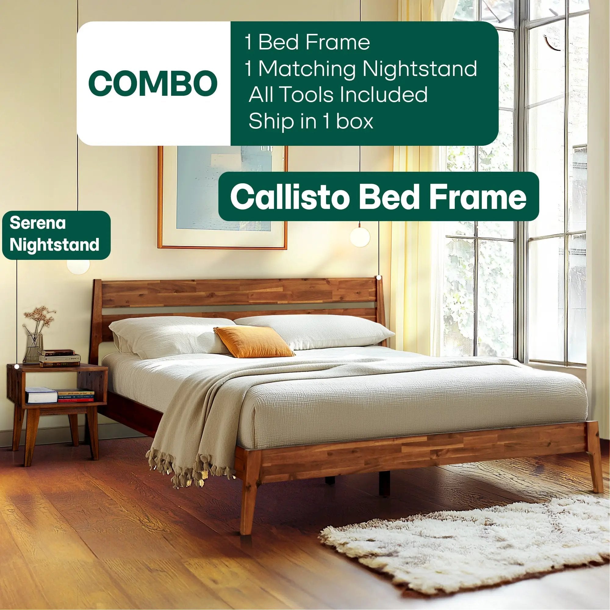 [Buy 1 Get 1] Callisto Solid Wood Bed Frame and Nightstand by Megsu