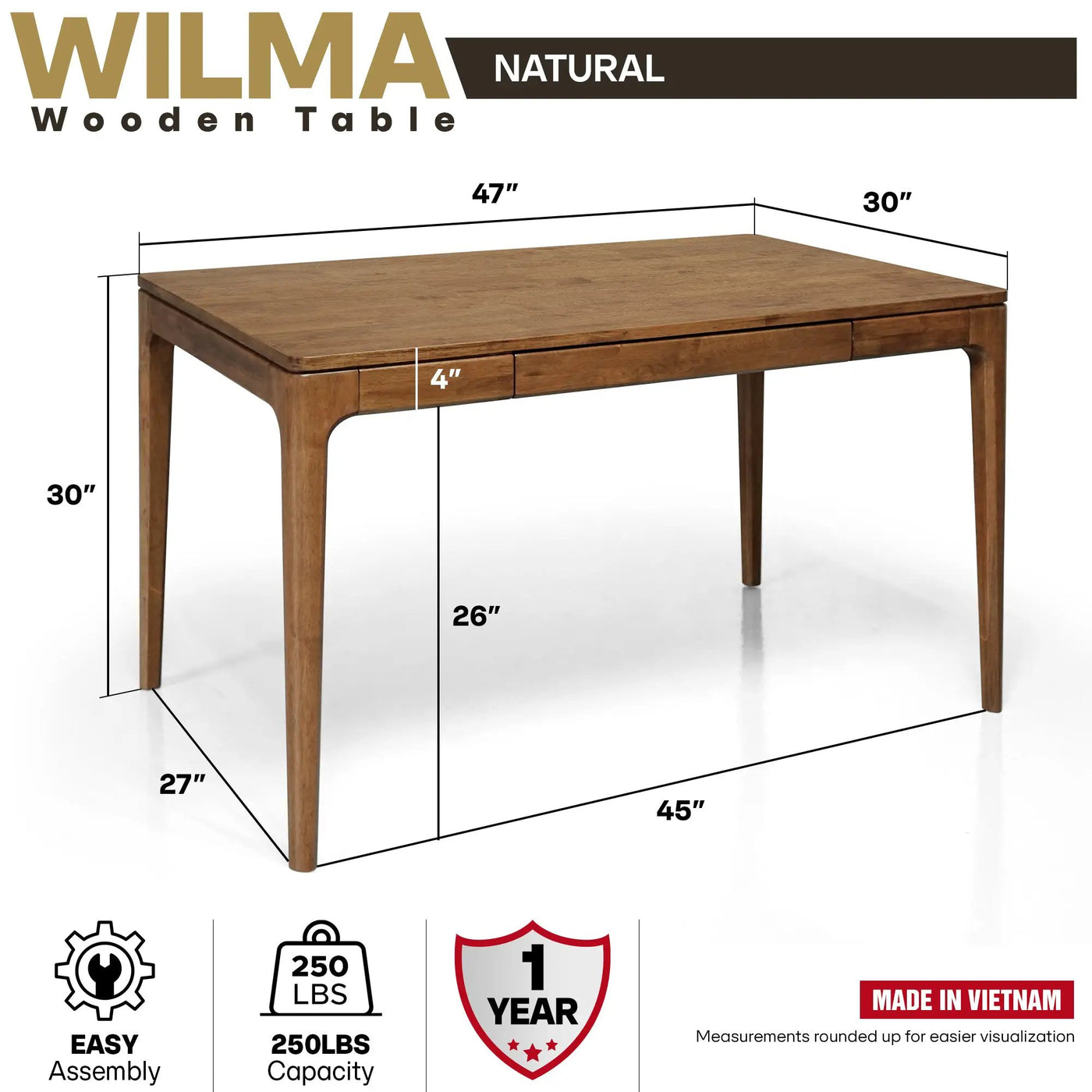 Wilma 48 Inches Rubber Wood Desk by Megsu