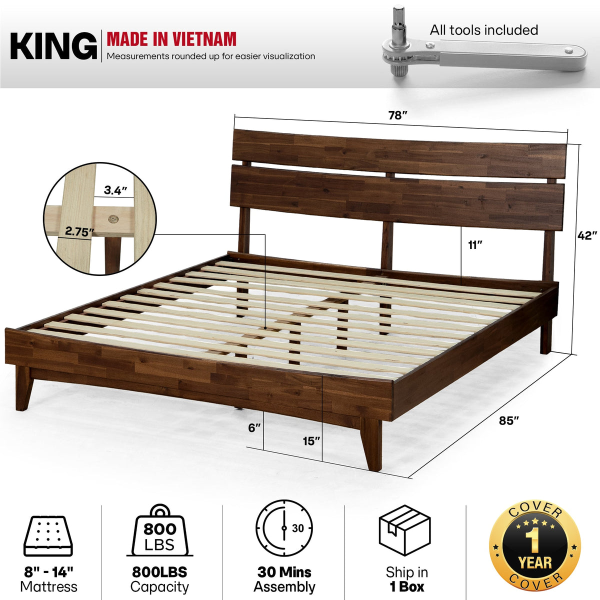 Aurora Solid Wood Bed Frame, dimensions drawing