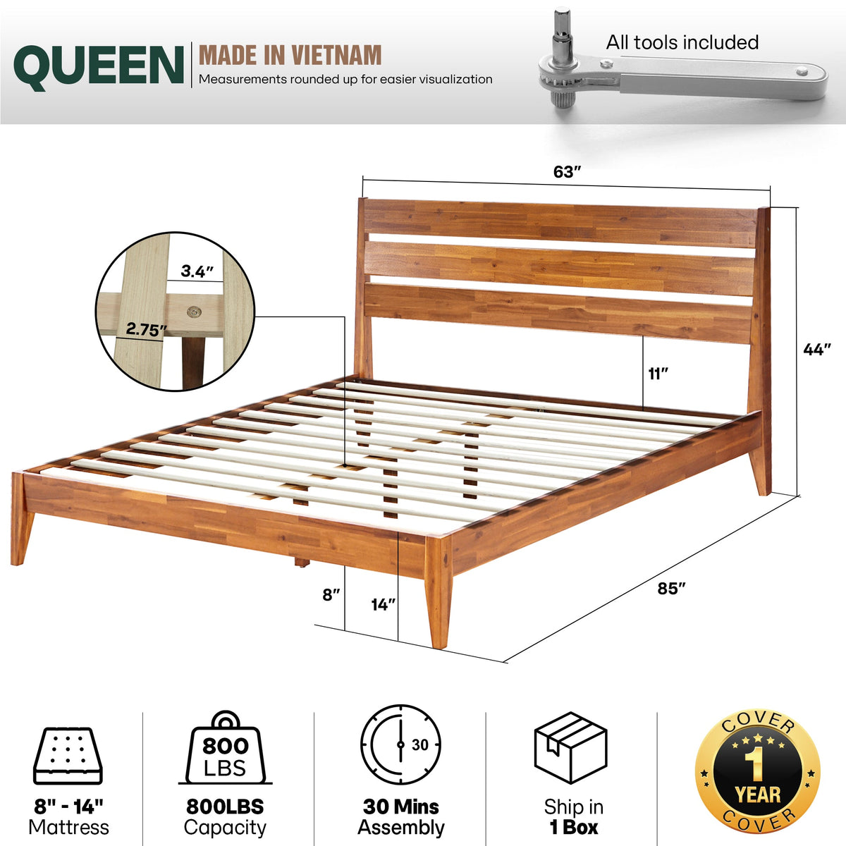 Emery Solid Wood Bed Frame, dimensions drawing