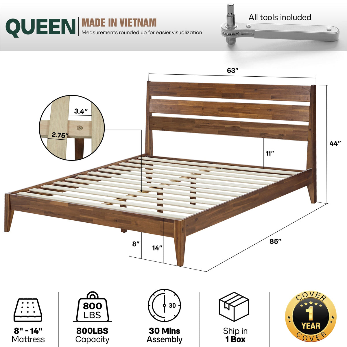 Emery Solid Wood Bed Frame, dimensions drawing