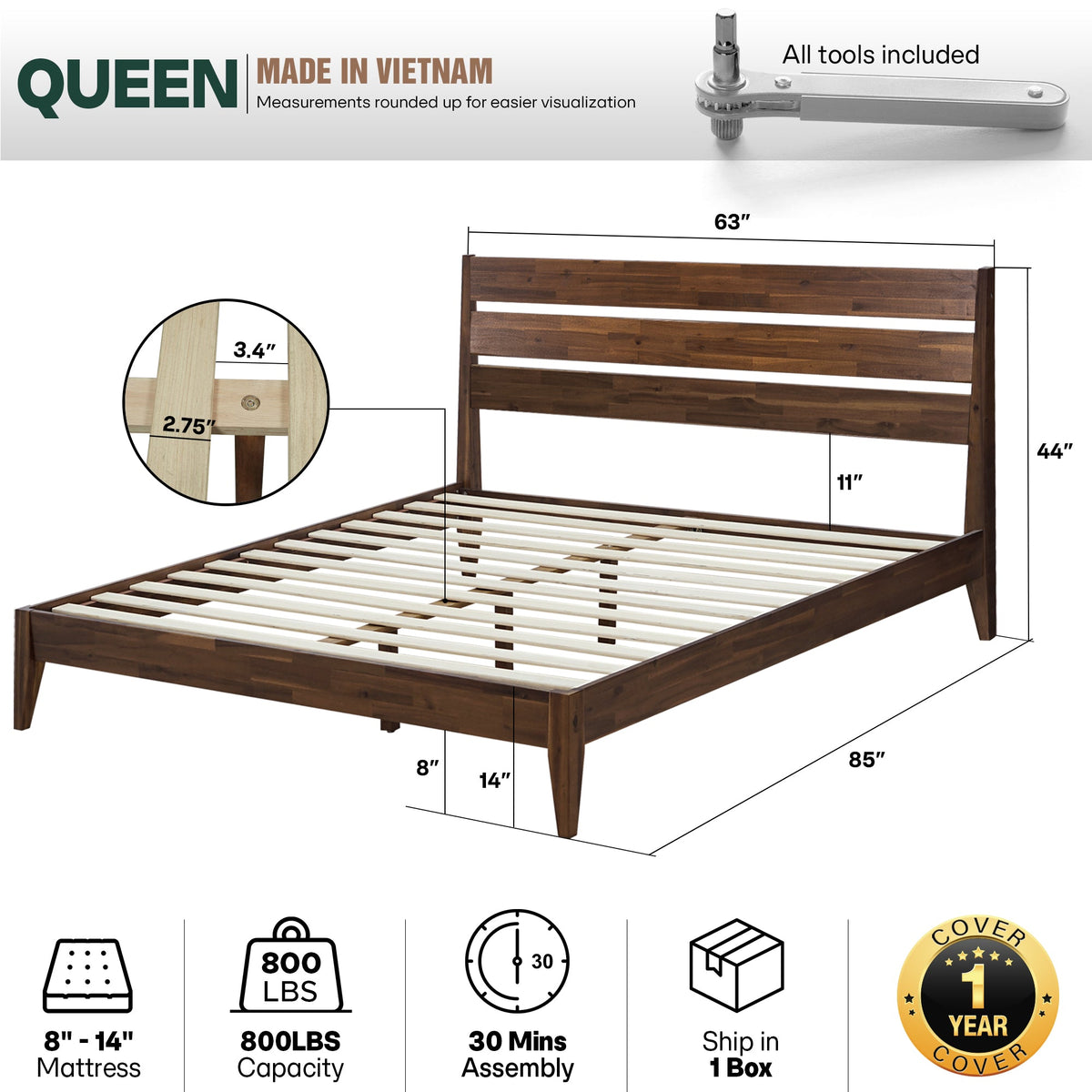 Emery Solid Wood Bed Frame, dimensions drawing