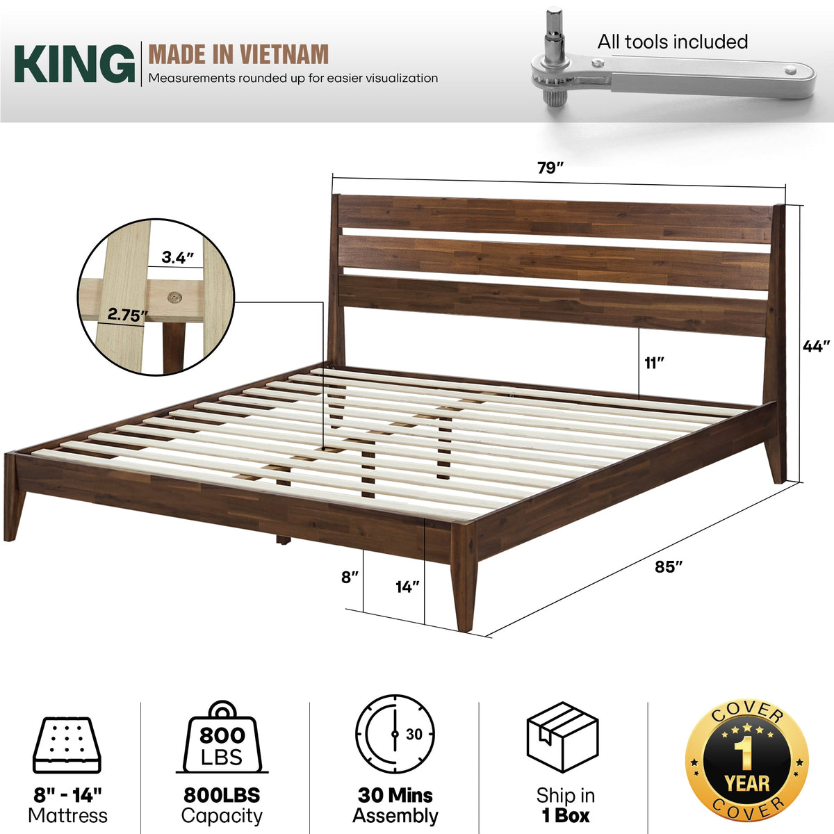 Emery Solid Wood Bed Frame, dimensions drawing