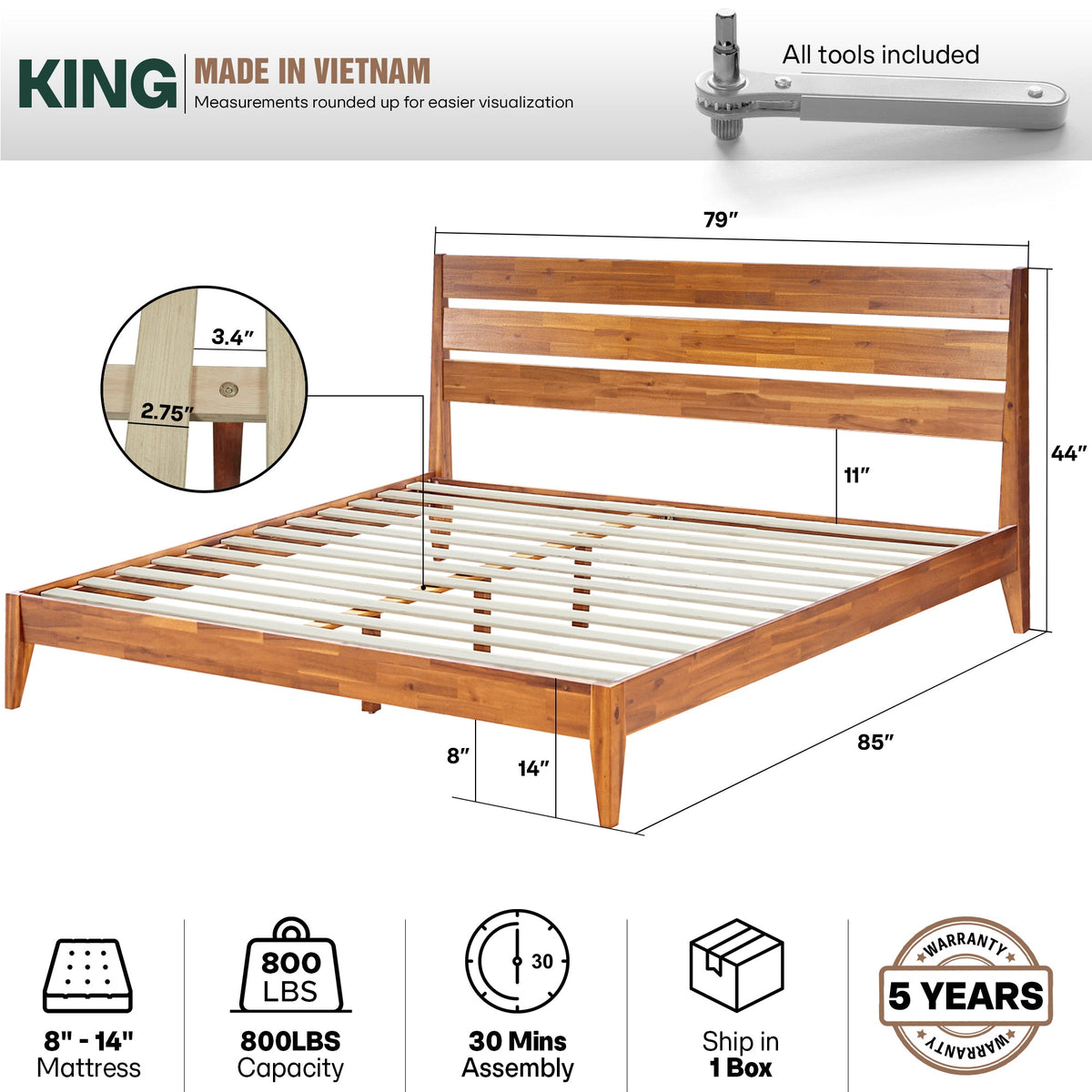 Emery Solid Wood Bed Frame, dimensions drawing