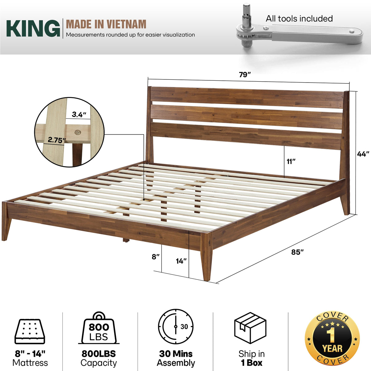 Emery Solid Wood Bed Frame, dimensions drawing