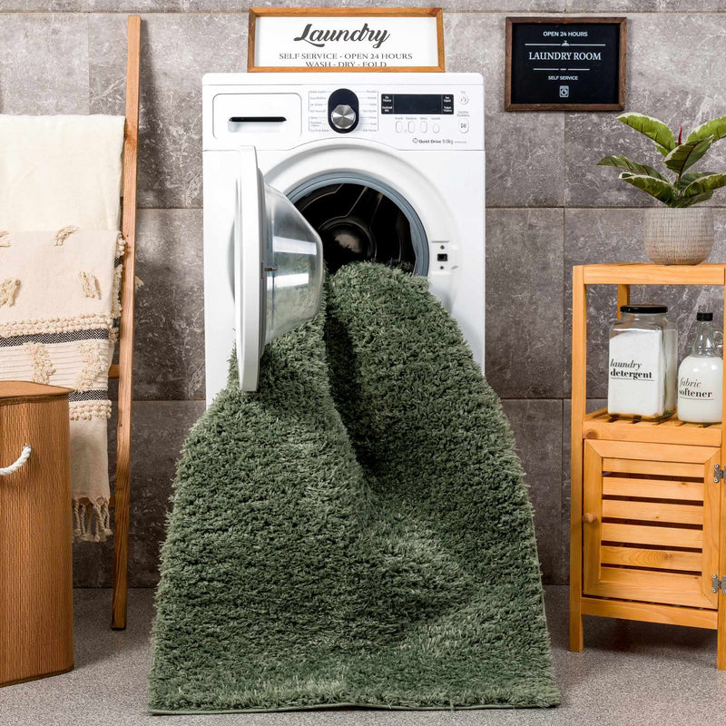 Faina Solid Green Shag Washable Area Rug - Clearance by Boutique Rugs