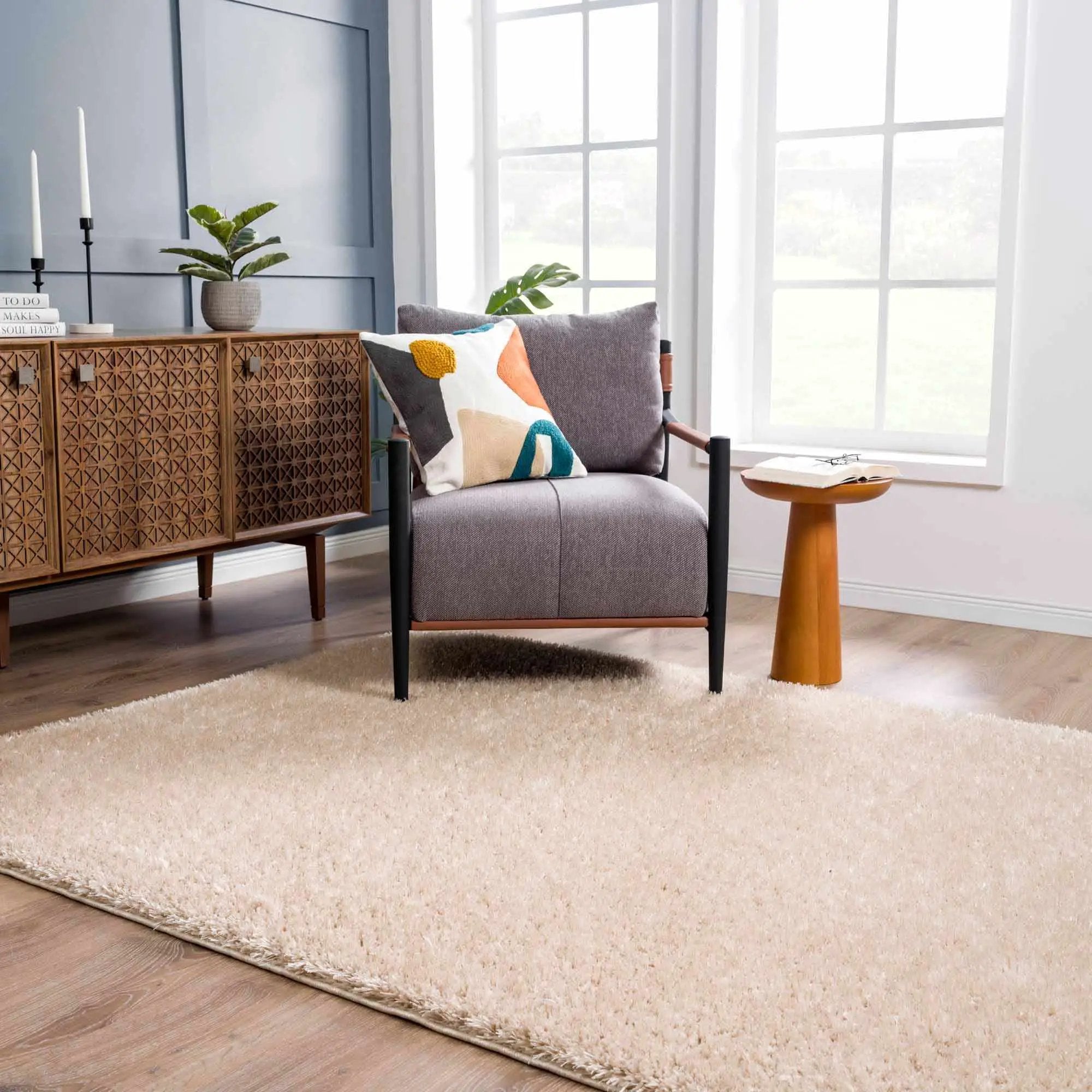 Faina Solid Beige Shag Rug Washable by Hauteloom