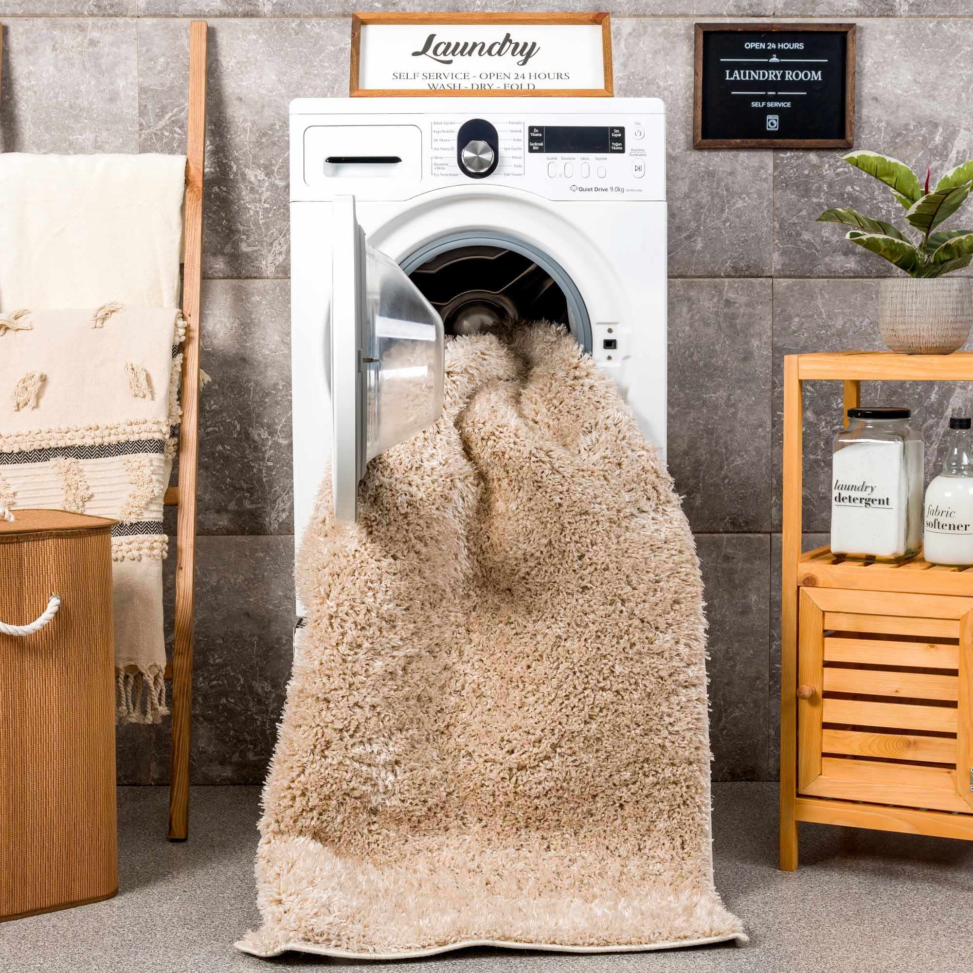 Faina Solid Beige Shag Rug Washable by Hauteloom