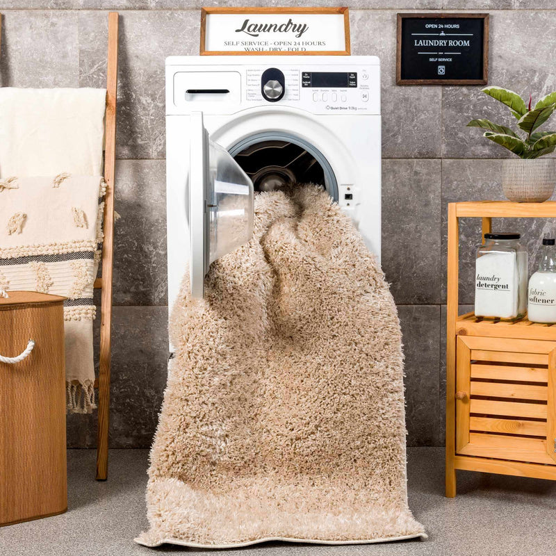 Faina Solid Beige Shag Rug Washable by Hauteloom