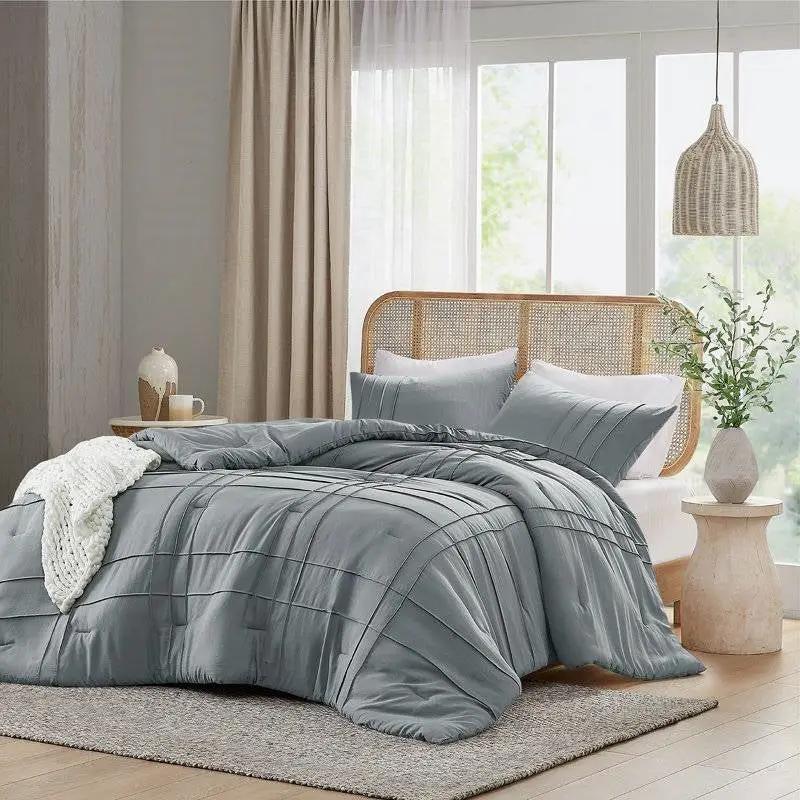 King size Pleated Pre-Washed Microfiber Comforter Set in Blue Grey by HomePacific