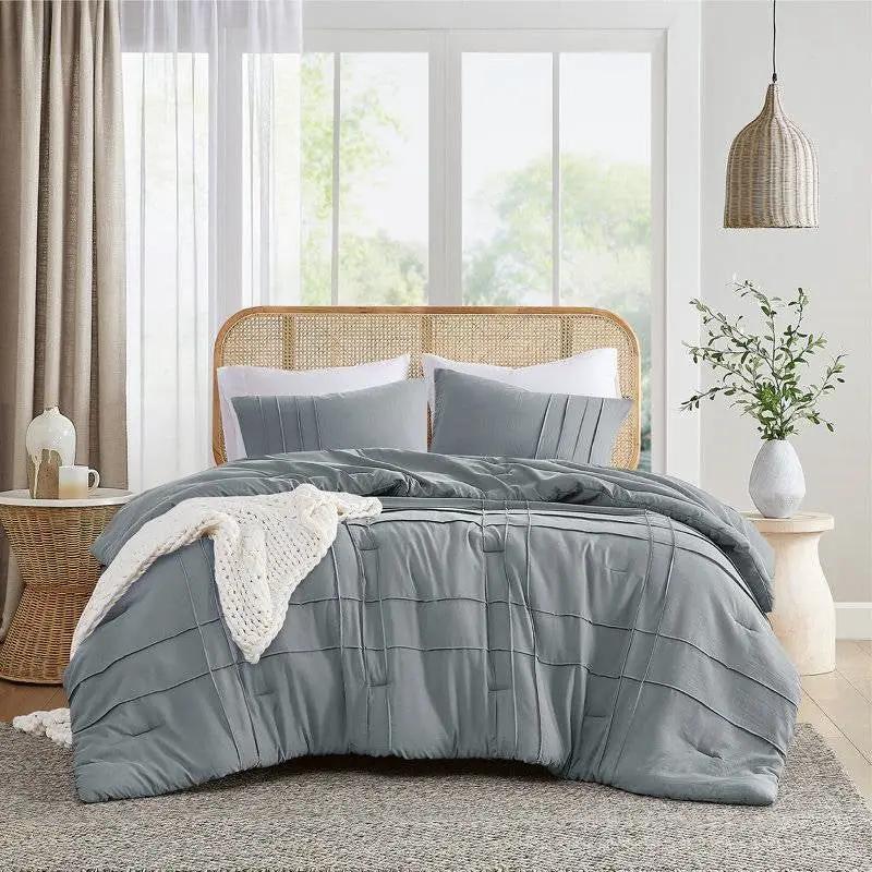 King size Pleated Pre-Washed Microfiber Comforter Set in Blue Grey by HomePacific