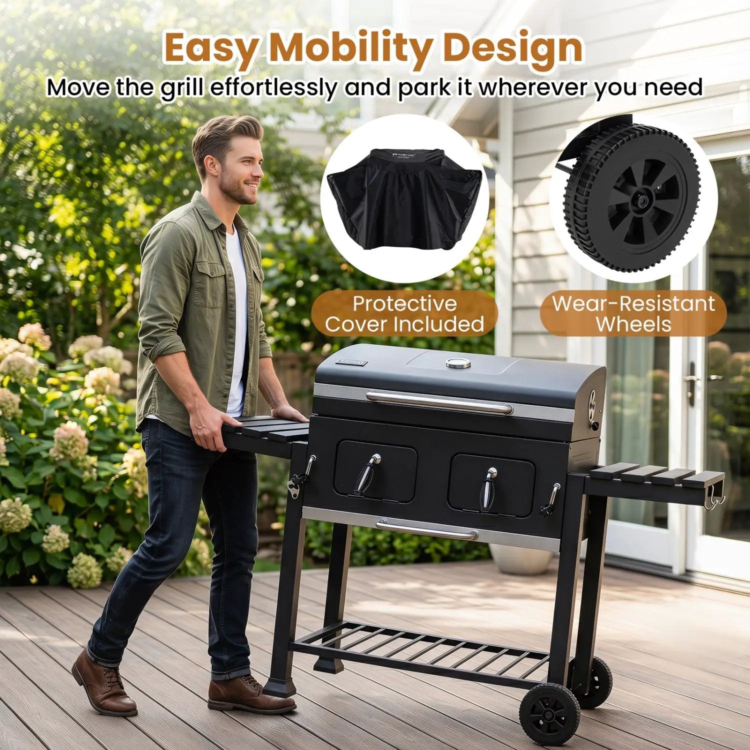 Charcoal Grill with Lifting Trays and Folding Side Tables by DirectDeals