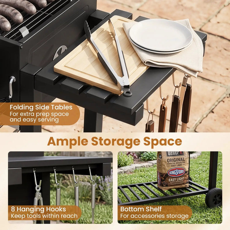 Charcoal Grill with Lifting Trays and Folding Side Tables by DirectDeals