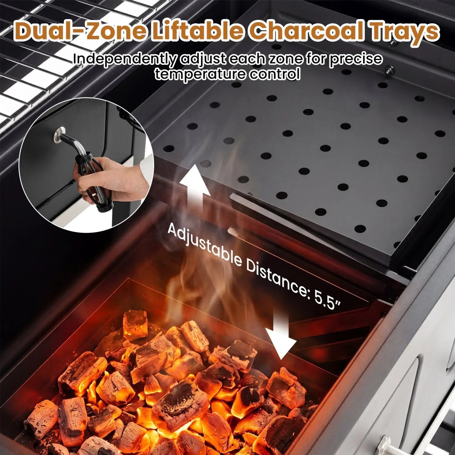 Charcoal Grill with Lifting Trays and Folding Side Tables by DirectDeals