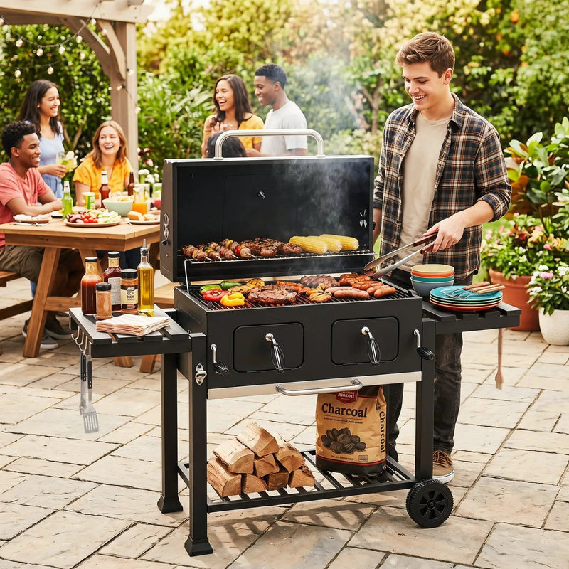 Charcoal Grill with Lifting Trays and Folding Side Tables by DirectDeals