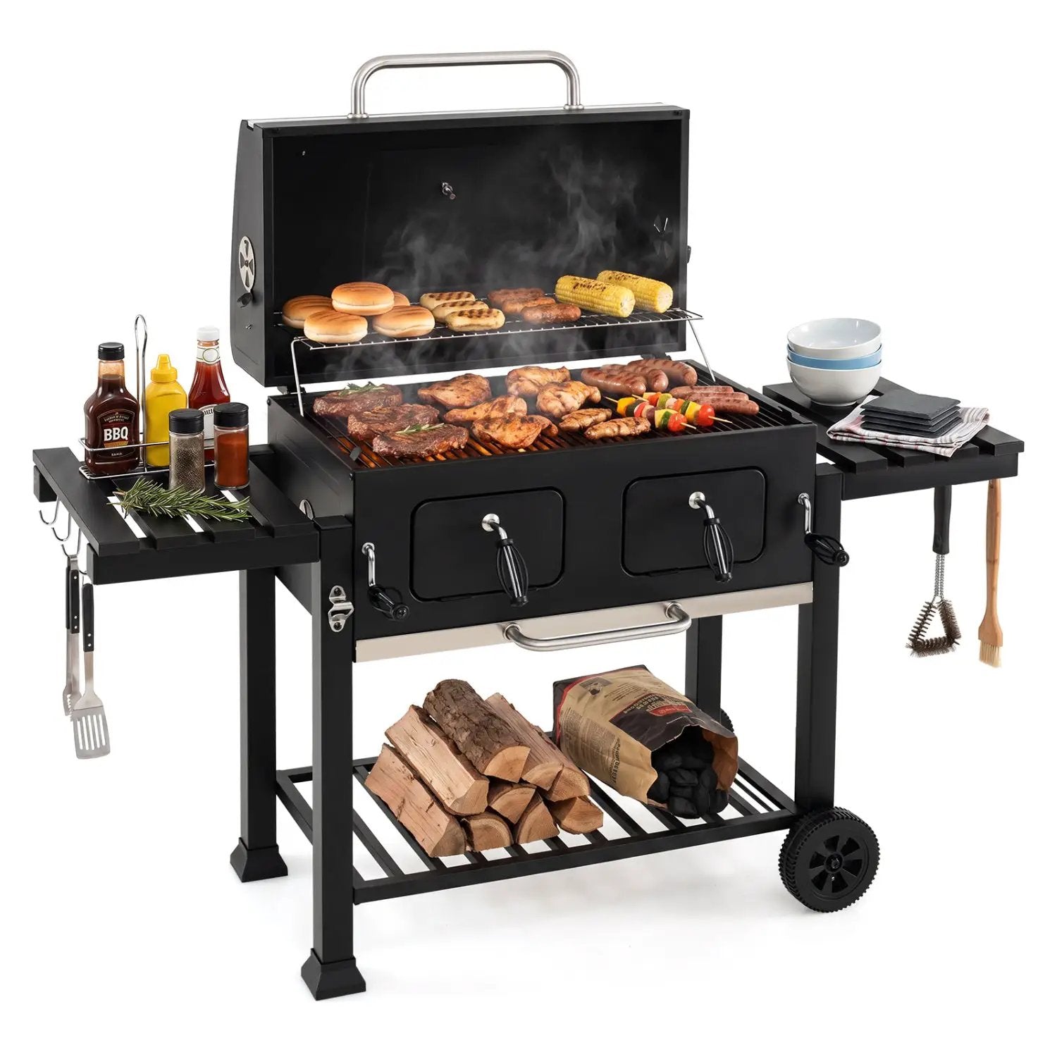Charcoal Grill with Lifting Trays and Folding Side Tables by DirectDeals