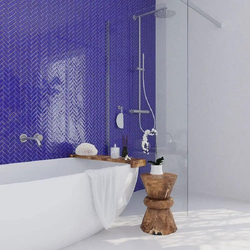 Cobalt Blue 11x13 Glossy Herringbone Glass Mosaic Tile (5 pack, 4.8125 sq ft/case) by Apollo Tile