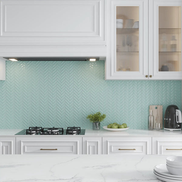 Blizzard Blue 11x13 Glossy Herringbone Glass Mosaic Tile (5 pack, 4.8125 sq ft/case), photo 2 of 10