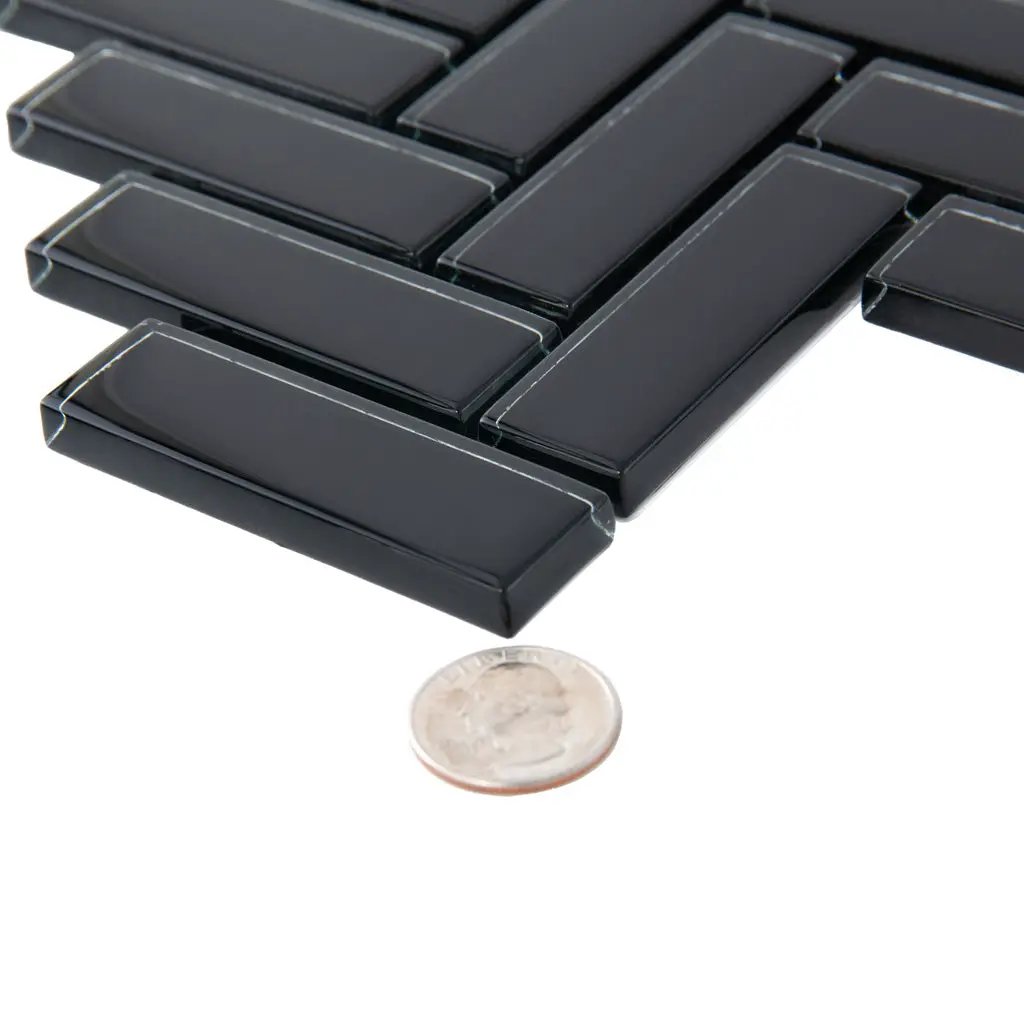 Black 11x13 Glossy Herringbone Glass Mosaic Tile (5 pack, 4.8125 sq ft/case) by Apollo Tile