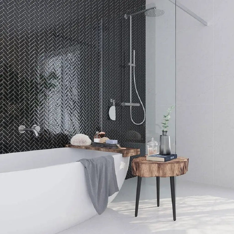 Black 11x13 Glossy Herringbone Glass Mosaic Tile (5 pack, 4.8125 sq ft/case) by Apollo Tile
