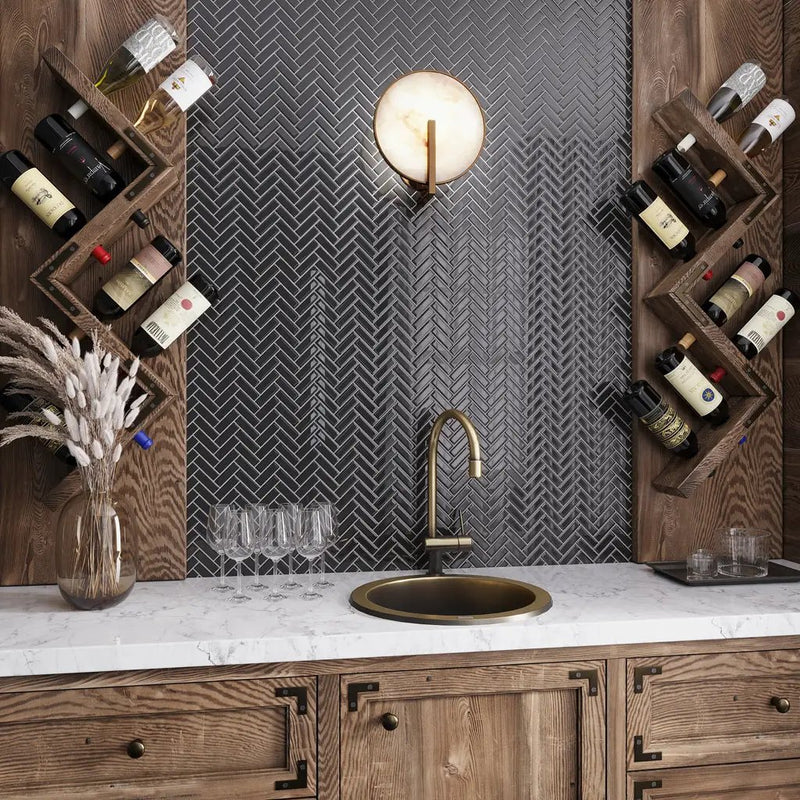 Black 11x13 Glossy Herringbone Glass Mosaic Tile (5 pack, 4.8125 sq ft/case) by Apollo Tile