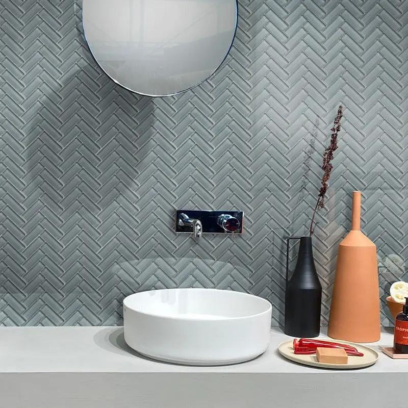 Stone Blue 11x13 Glossy Herringbone Glass Mosaic Tile (5 pack, 4.8125 sq ft/case) by Apollo Tile
