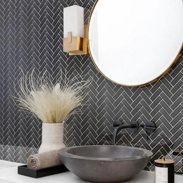 Ash Gray 11x13 Glossy Herringbone Glass Mosaic Tile (5 pack, 4.8125 sq ft/case), photo 2 of 8