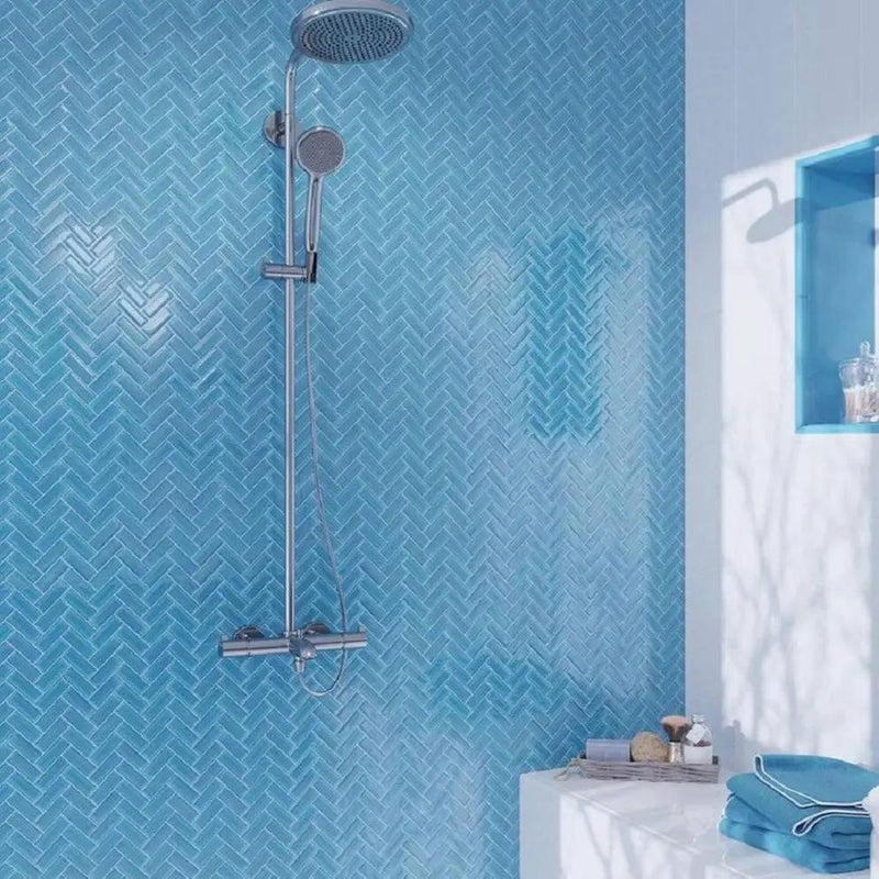 Cerulean Blue 11x13 Glossy Herringbone Glass Mosaic Tile (5 pack, 4.8125 sq ft/case) by Apollo Tile