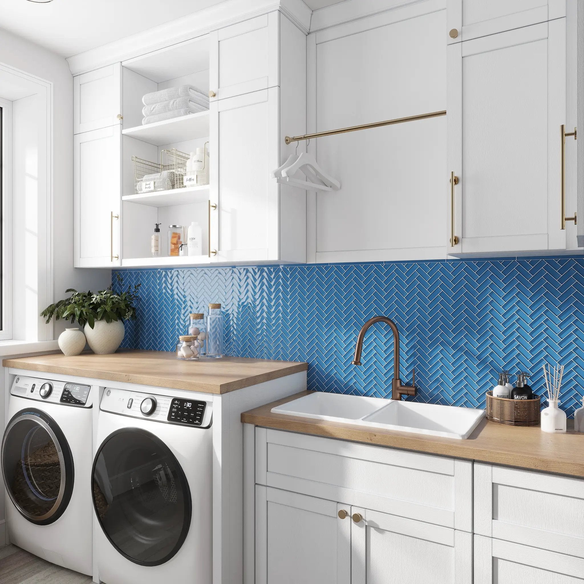 Cerulean Blue 11x13 Glossy Herringbone Glass Mosaic Tile (5 pack, 4.8125 sq ft/case) by Apollo Tile