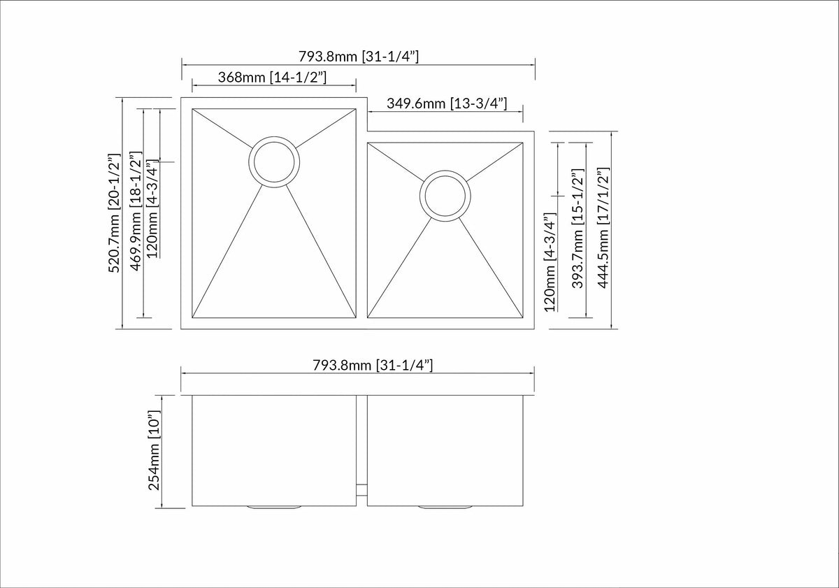 Stainless Steel Square Sink 60/40 (Double Bowl), dimensions drawing
