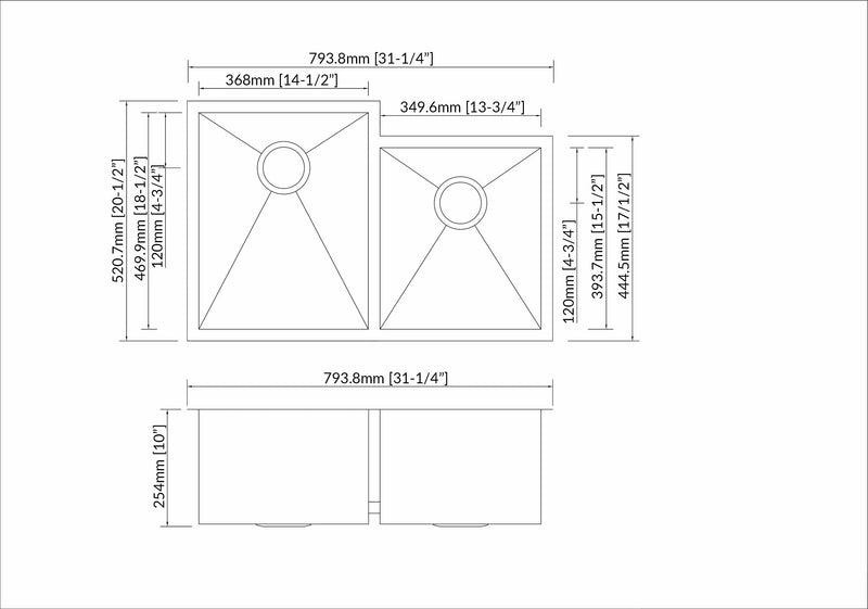 Stainless Steel Square Sink 60/40 (Double Bowl), dimensions drawing