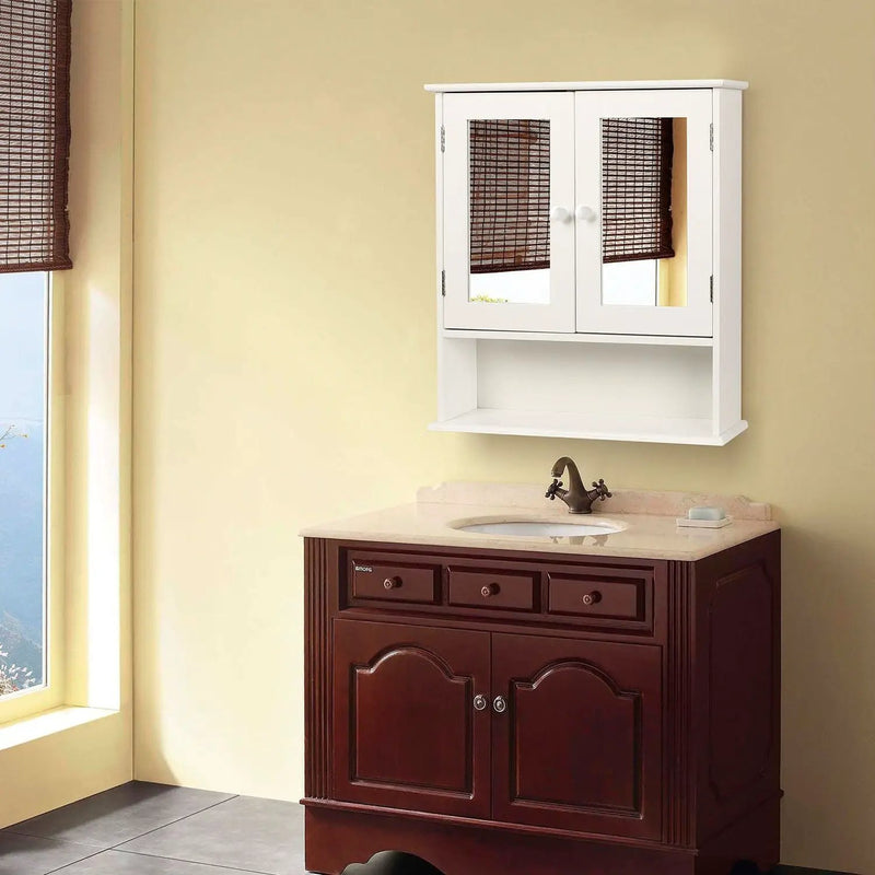 White 2-Door Mirrored Medicine Cabinet with Open Shelf by HomePacific