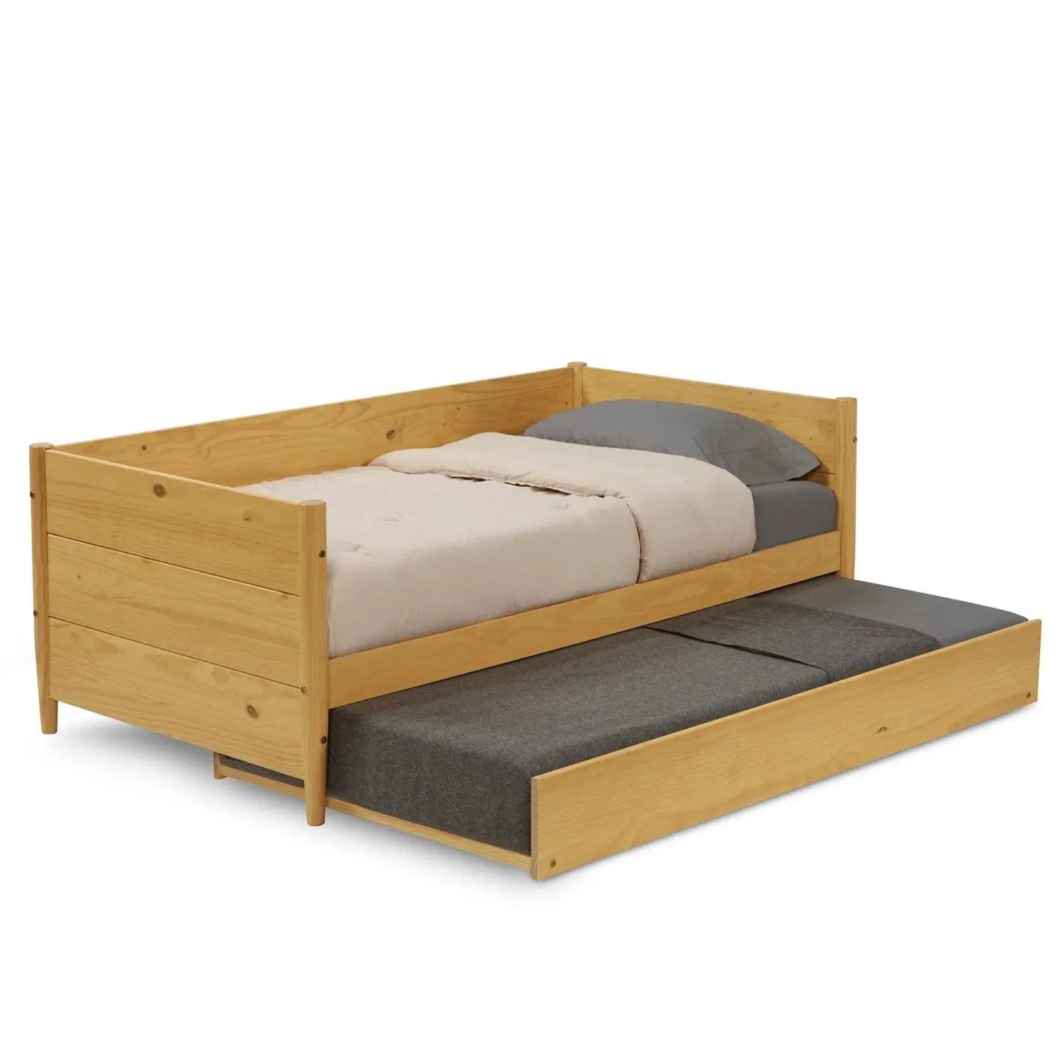Twin Solid Wood Daybed with Roll Out Trundle Bed Frame in Light Yellow Brown by HomePacific