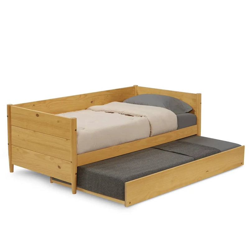 Twin Solid Wood Daybed with Roll Out Trundle Bed Frame in Light Yellow Brown by HomePacific