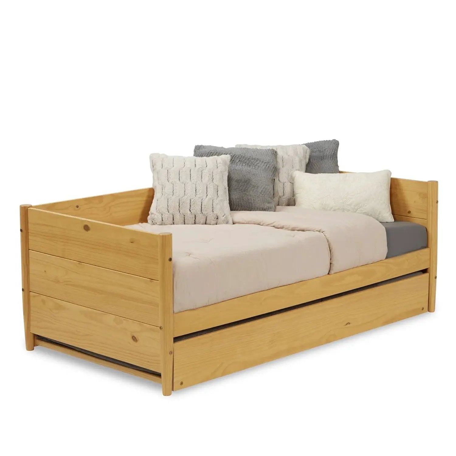 Twin Solid Wood Daybed with Roll Out Trundle Bed Frame in Light Yellow Brown by HomePacific