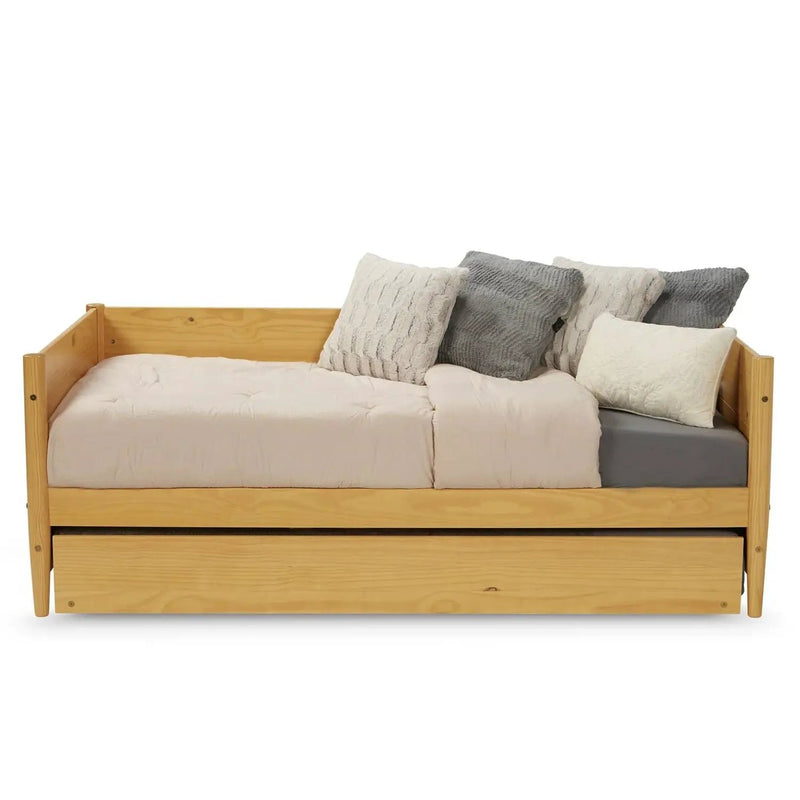 Twin Solid Wood Daybed with Roll Out Trundle Bed Frame in Light Yellow Brown by HomePacific