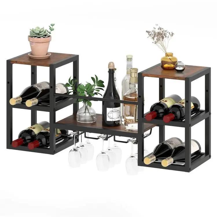 Industrial Wood Metal Wall Mounted Wine Rack Shelf with Glass Holders by HomePacific