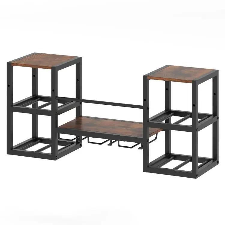 Industrial Wood Metal Wall Mounted Wine Rack Shelf with Glass Holders by HomePacific