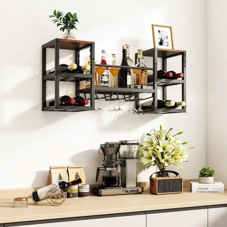 Industrial Wood Metal Wall Mounted Wine Rack Shelf with Glass Holders by HomePacific