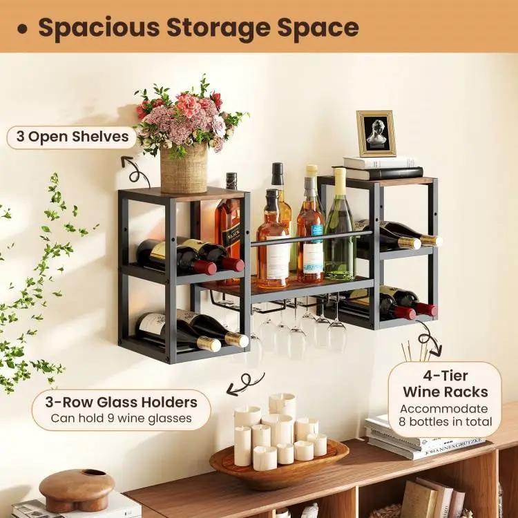 Industrial Wood Metal Wall Mounted Wine Rack Shelf with Glass Holders by HomePacific