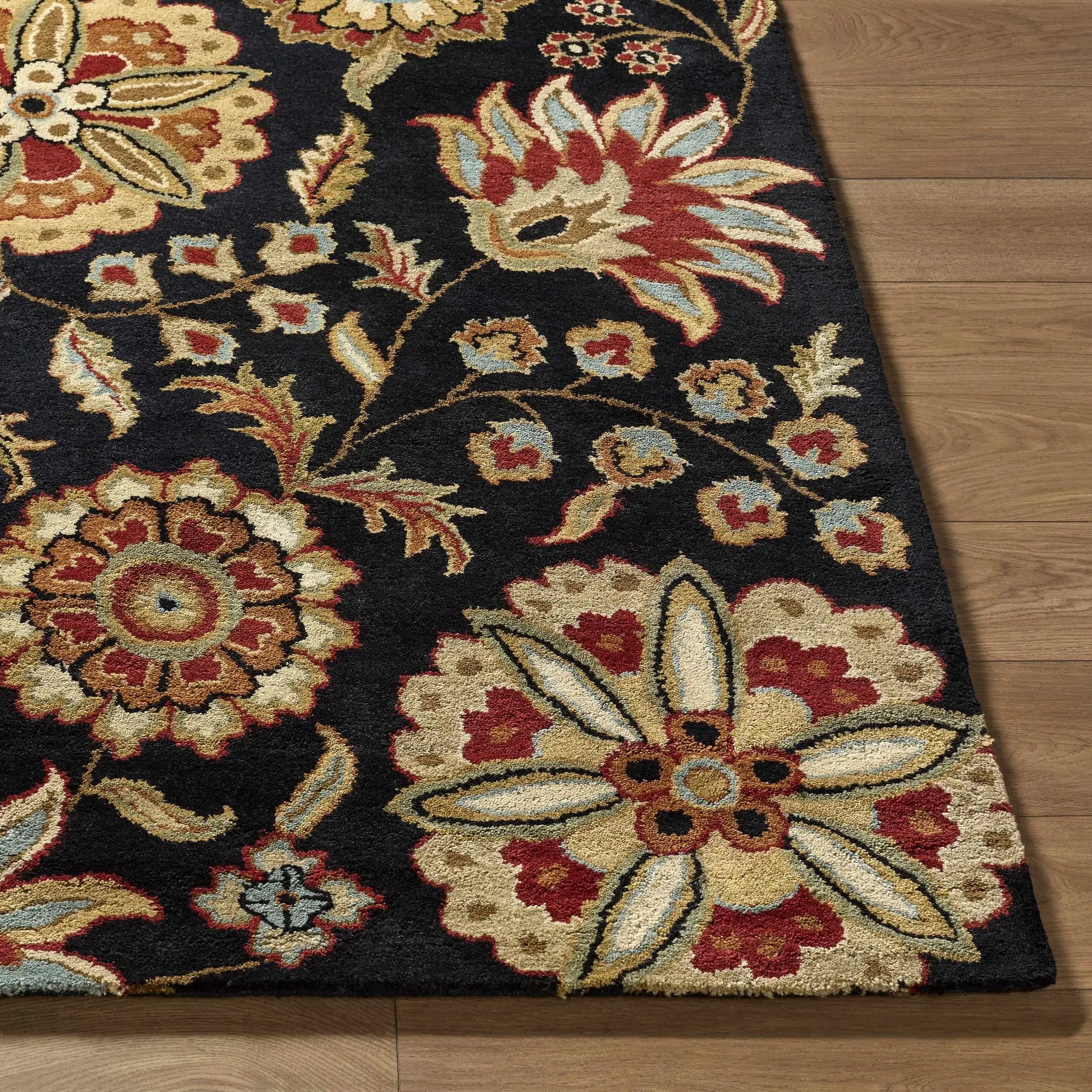 Heaters Black Floral Wool Carpet by Boutique Rugs