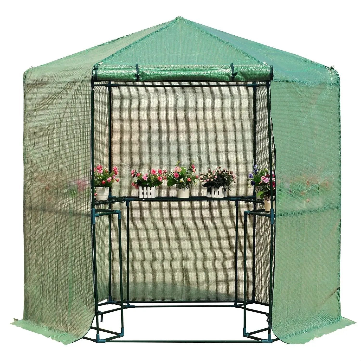 Outdoor Hexagon Greenhouse 6.5 x 7 Ft with Steel Frame PE Cover and Shelves by HomePacific