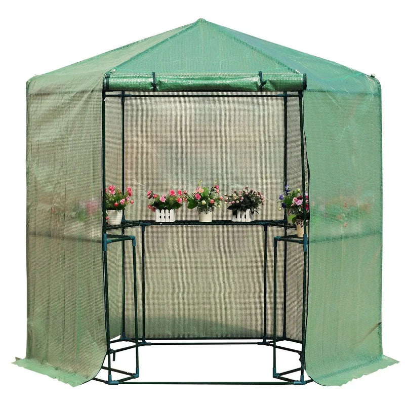 Outdoor Hexagon Greenhouse 6.5 x 7 Ft with Steel Frame PE Cover and Shelves by HomePacific
