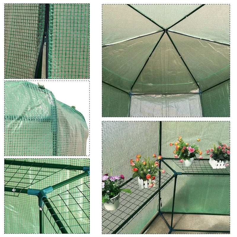 Outdoor Hexagon Greenhouse 6.5 x 7 Ft with Steel Frame PE Cover and Shelves by HomePacific