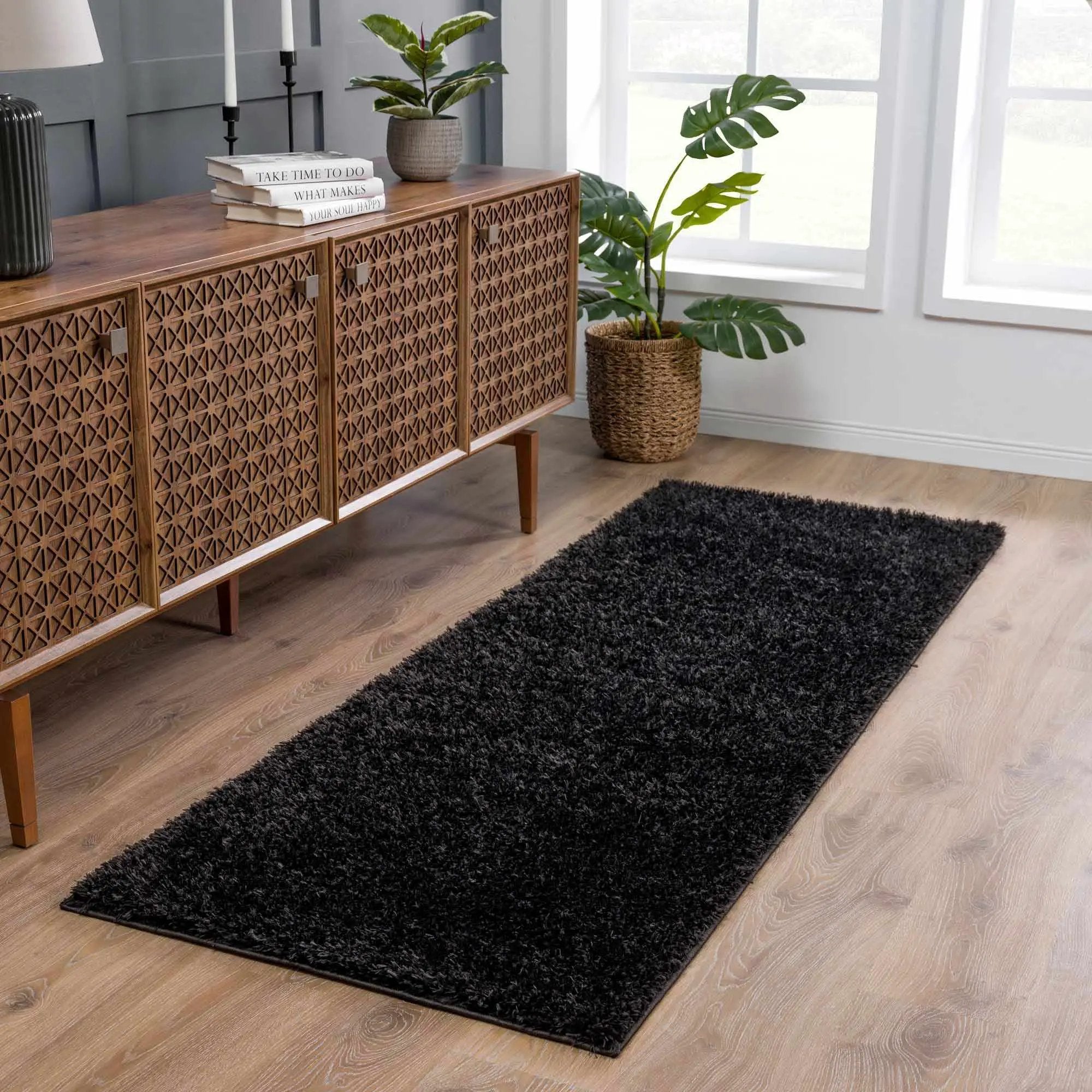 Faina Solid Black Shag Washable Area Rug - Clearance by Boutique Rugs