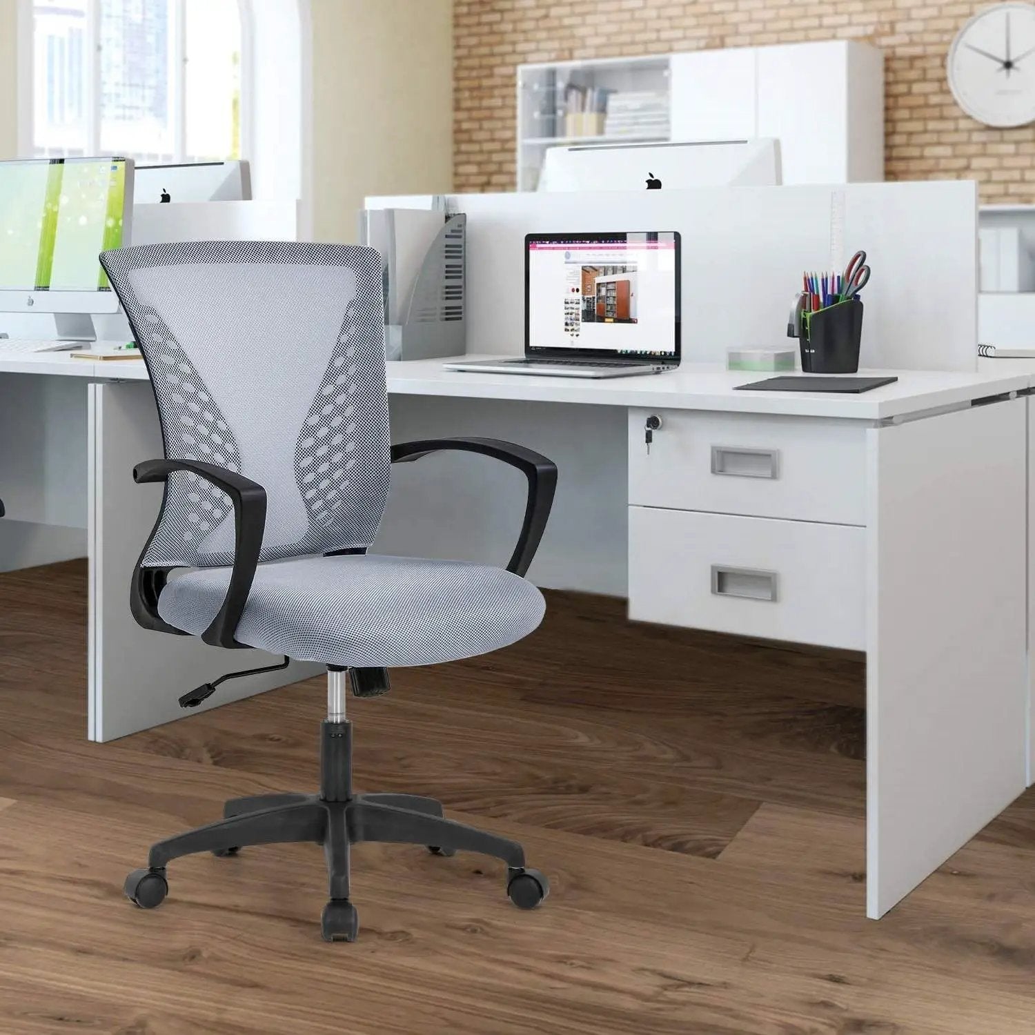 Gray Modern Mid-Back Ergonomic Mesh Office Desk Chair with Armrest on Wheels by HomePacific
