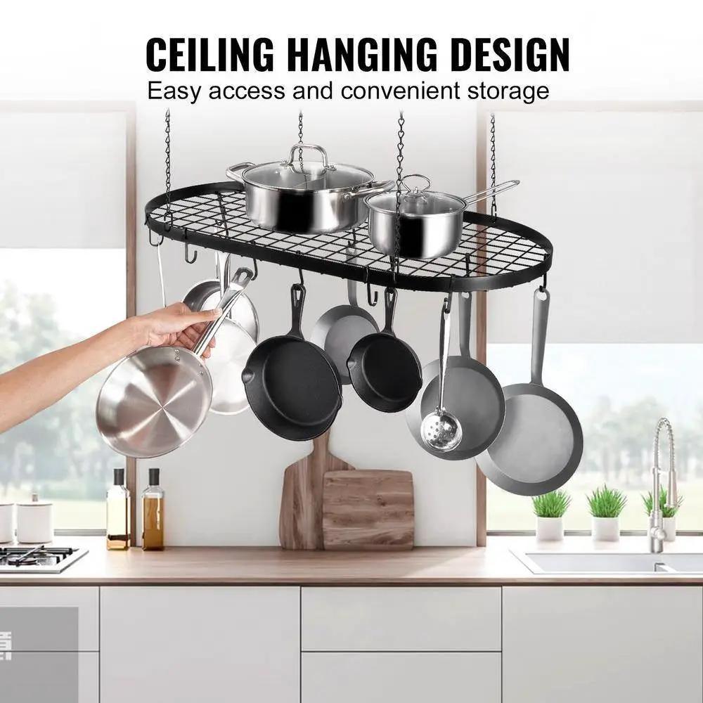 Black Carbon Steel Ceiling Mount Oval Hanging Kitchen Pot Rack with 12 Hooks by HomePacific