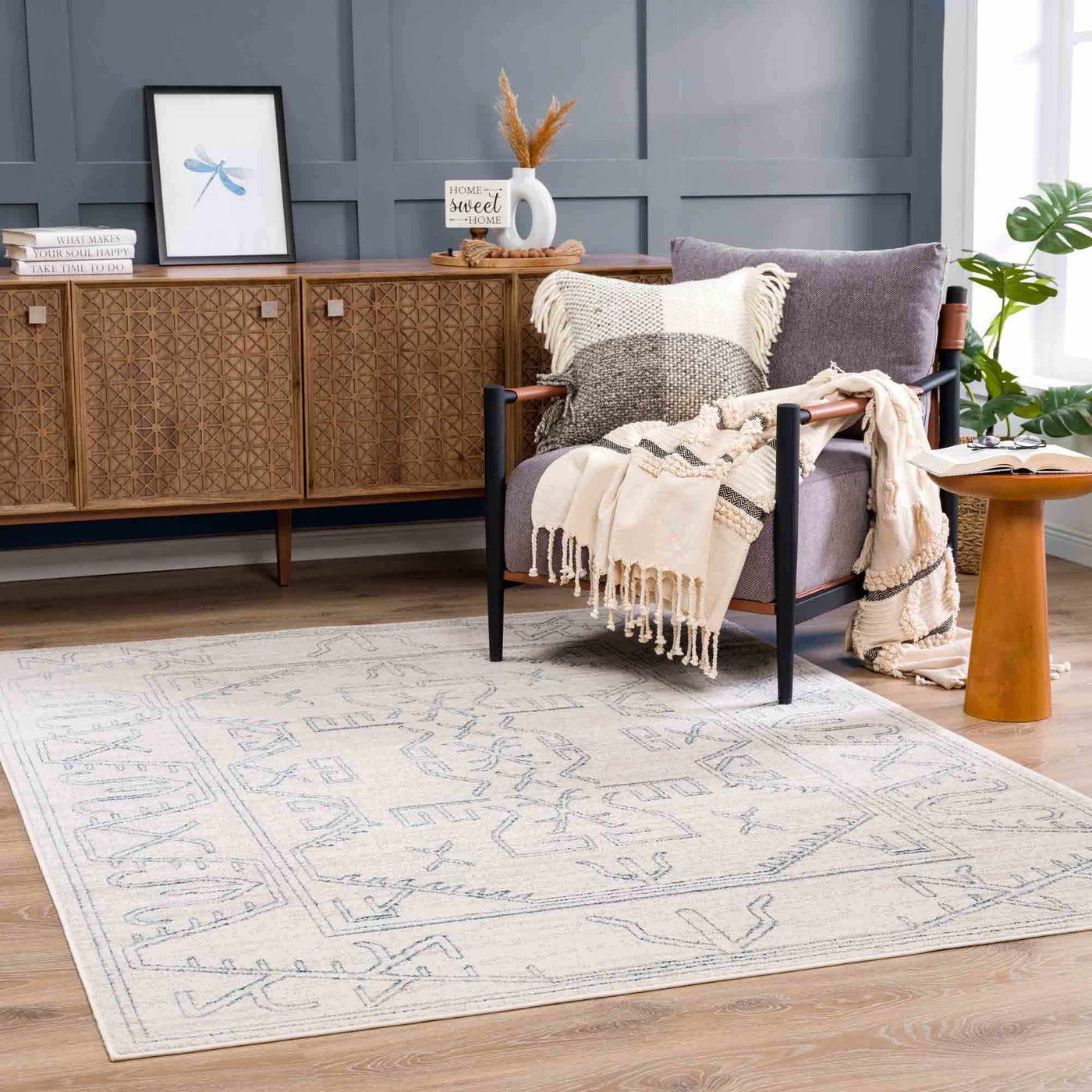 Divya Cream & Silver Blue Area Rug - Clearance by Boutique Rugs