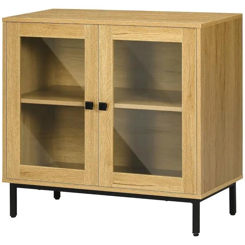 Modern Glass Door Sideboard Buffet Dining Storage Cabinet in Oak Wood Finish by HomePacific