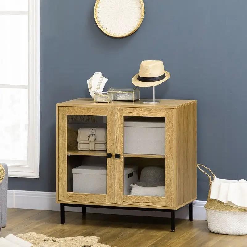 Modern Glass Door Sideboard Buffet Dining Storage Cabinet in Oak Wood Finish by HomePacific
